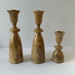 Mid-Century Modern Mango Wood Taper Candle Holders Set of 3: 2 Tall and 1 Short